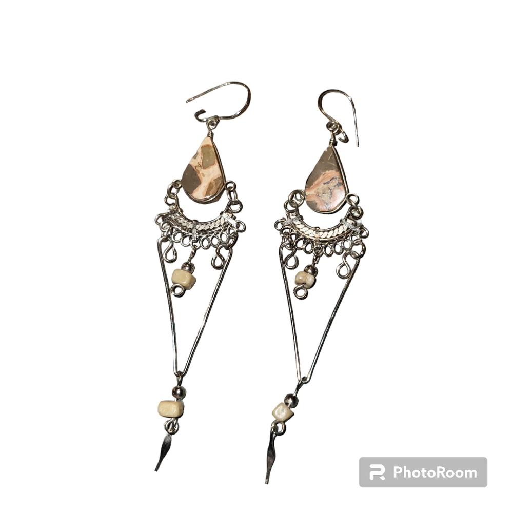 Peruvian Alpaca silver with leopard jasper Chandelier dangle earrings